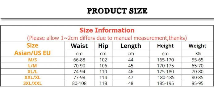 2-in-1 Training Shorts Size Information